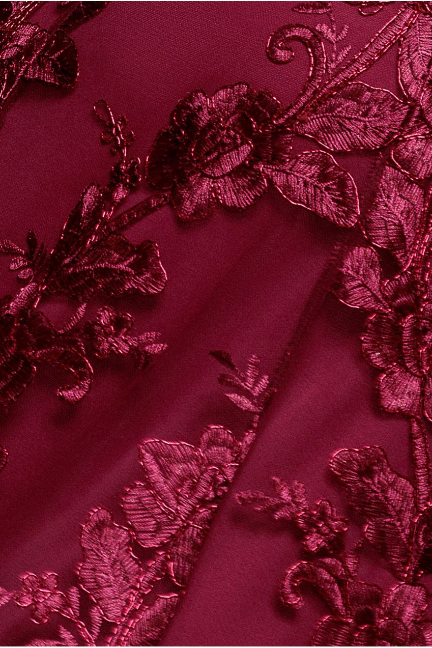 Scalloped Neck Embroidered Lace High Low Midi Dress - Burgundy DR4265
