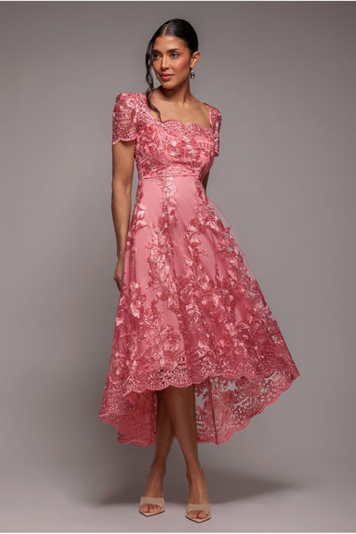 Coral - Scalloped Neck Embroidered Lace High Low Midi Dress - Coral by Goddiva