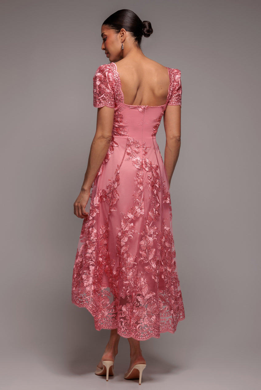 Scalloped Neck Embroidered Lace High Low Midi Dress - Coral DR4265