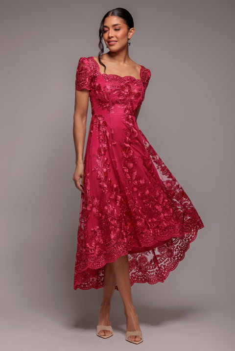 Scalloped Neck Embroidered Lace High Low Midi Dress - Magenta by Goddiva
