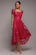 Scalloped Neck Embroidered Lace High Low Midi Dress - Magenta by Goddiva