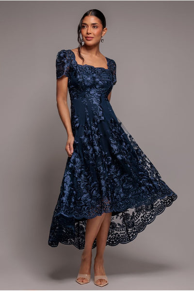 Scalloped Neck Embroidered Lace High Low Midi Dress - Navy Blue by Goddiva