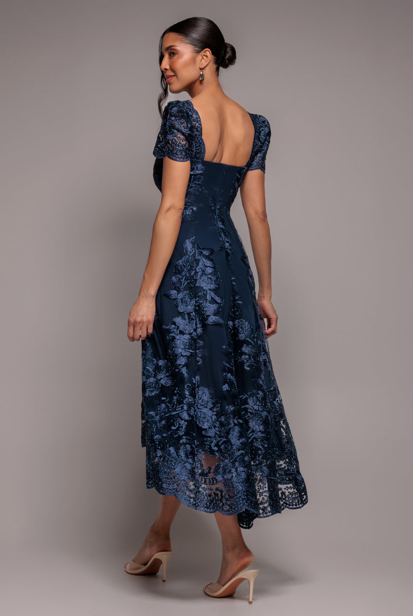 Scalloped Neck Embroidered Lace High Low Midi Dress - Navy Blue DR4265
