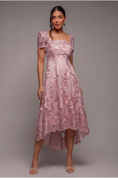 Scalloped Neck Embroidered Lace High Low Midi Dress - Sage Green | Goddiva Scalloped Neck Embroidered Lace High Low Midi Dress - Sage Green | Goddiva