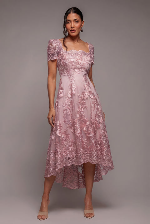 Scalloped Neck Embroidered Lace High Low Midi Dress - Pink by Goddiva