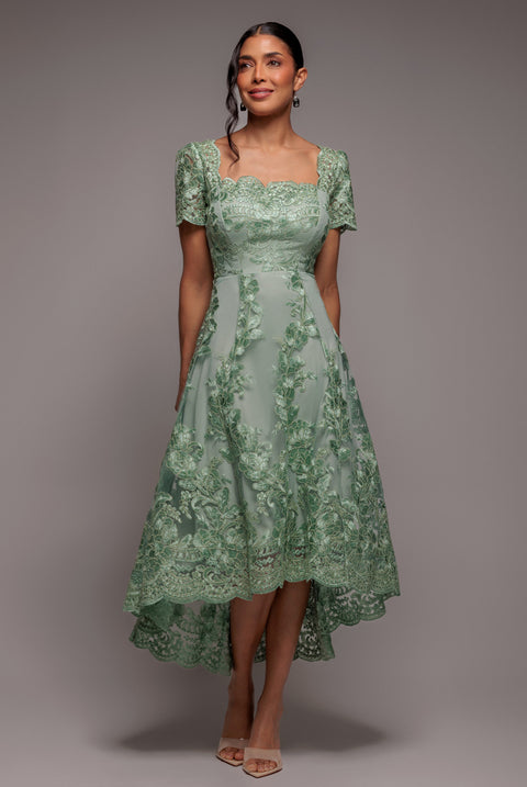 Scalloped Neck Embroidered Lace High Low Midi Dress - Sage Green by Goddiva