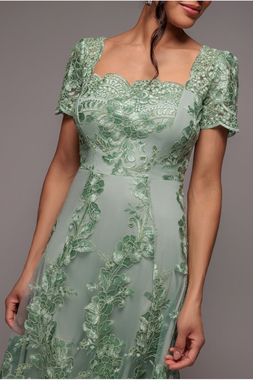 Scalloped Neck Embroidered Lace High Low Midi Dress - Sage Green | Goddiva Scalloped Neck Embroidered Lace High Low Midi Dress - Sage Green | Goddiva