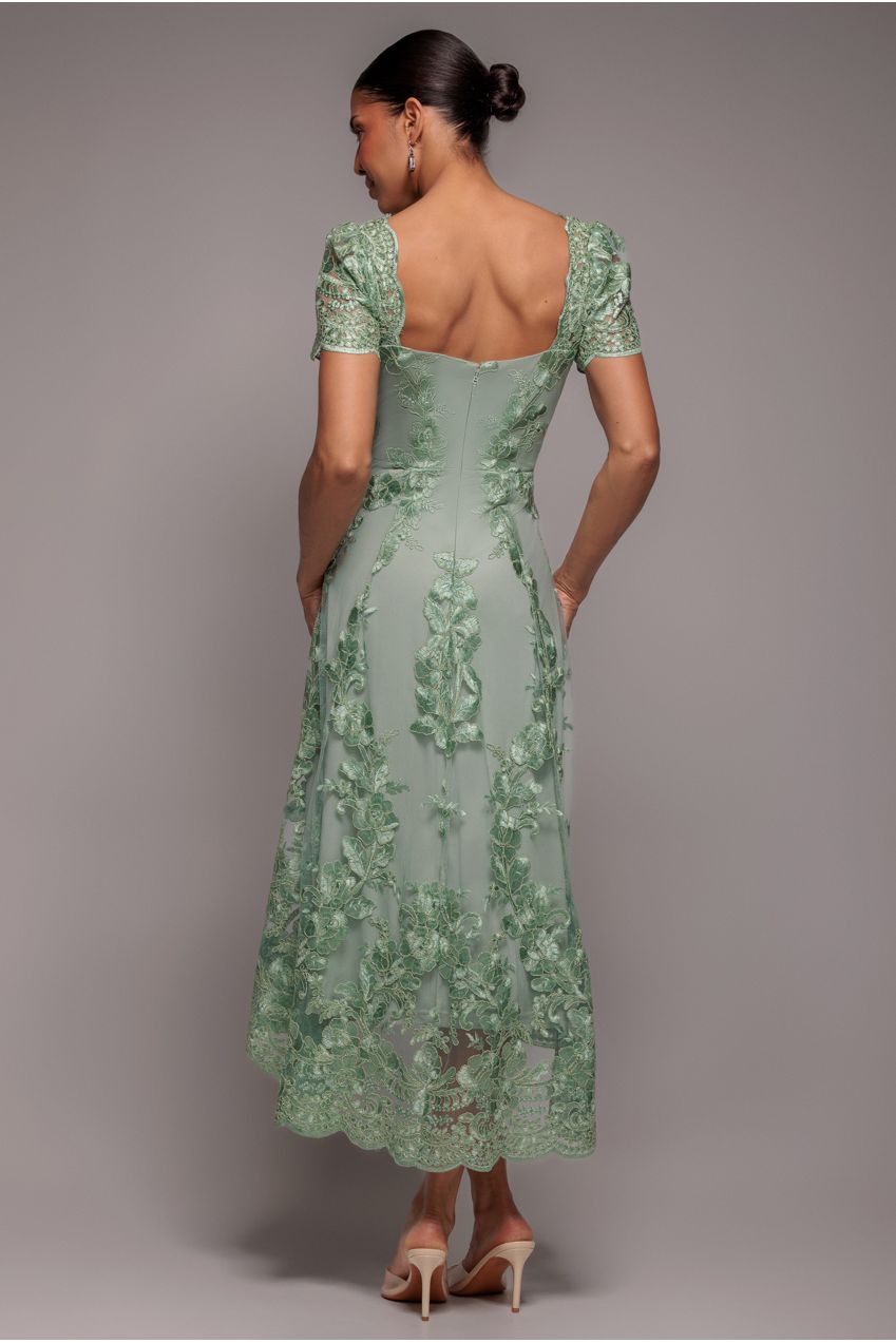 Scalloped Neck Embroidered Lace High Low Midi Dress - Sage Green | Goddiva Scalloped Neck Embroidered Lace High Low Midi Dress - Sage Green | Goddiva