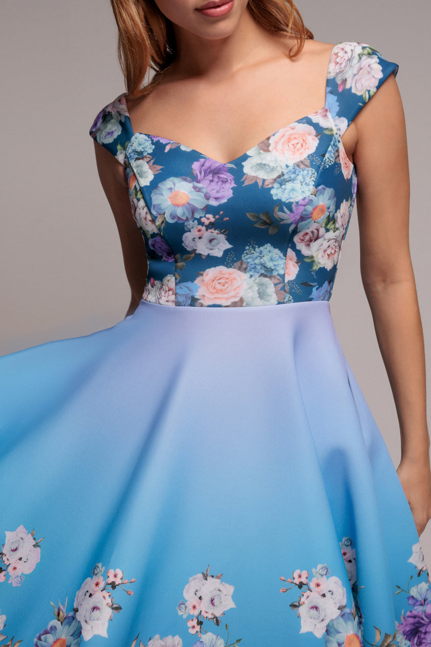 Floral Printed Scuba Foam Skater Dress - Blue DR4269