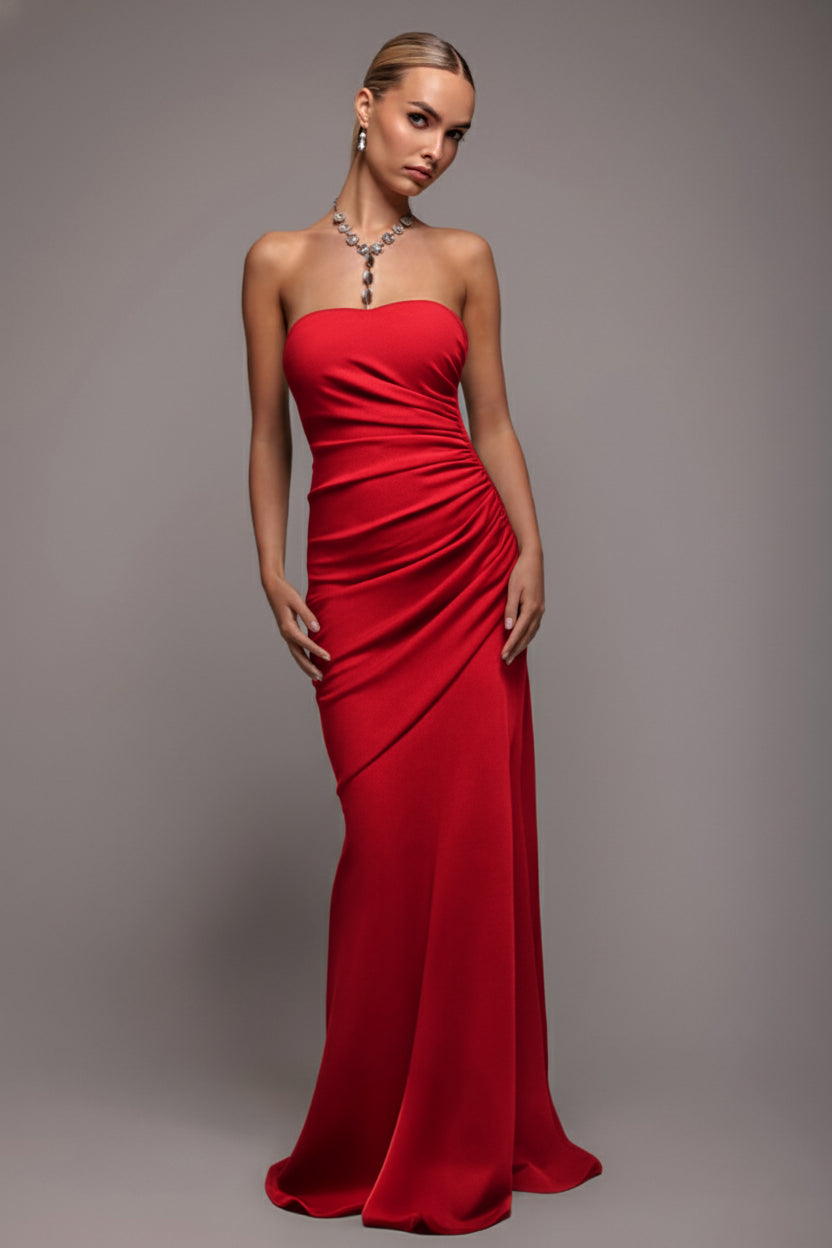 Scuba Crepe Bandeau Maxi With Diamante Necklace - Red DR4271