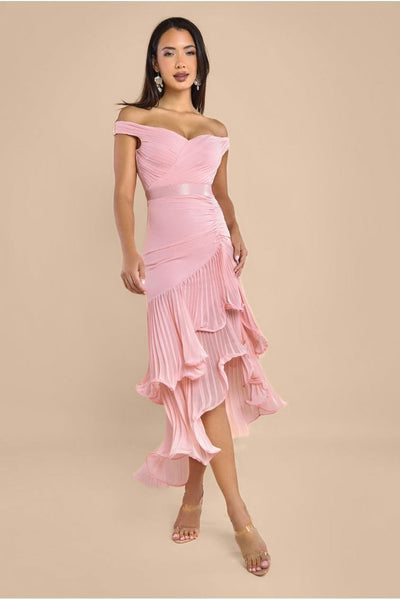 Pleated Bardot High Low Tier Chiffon Midaxi Dress - Blush Pink by Goddiva