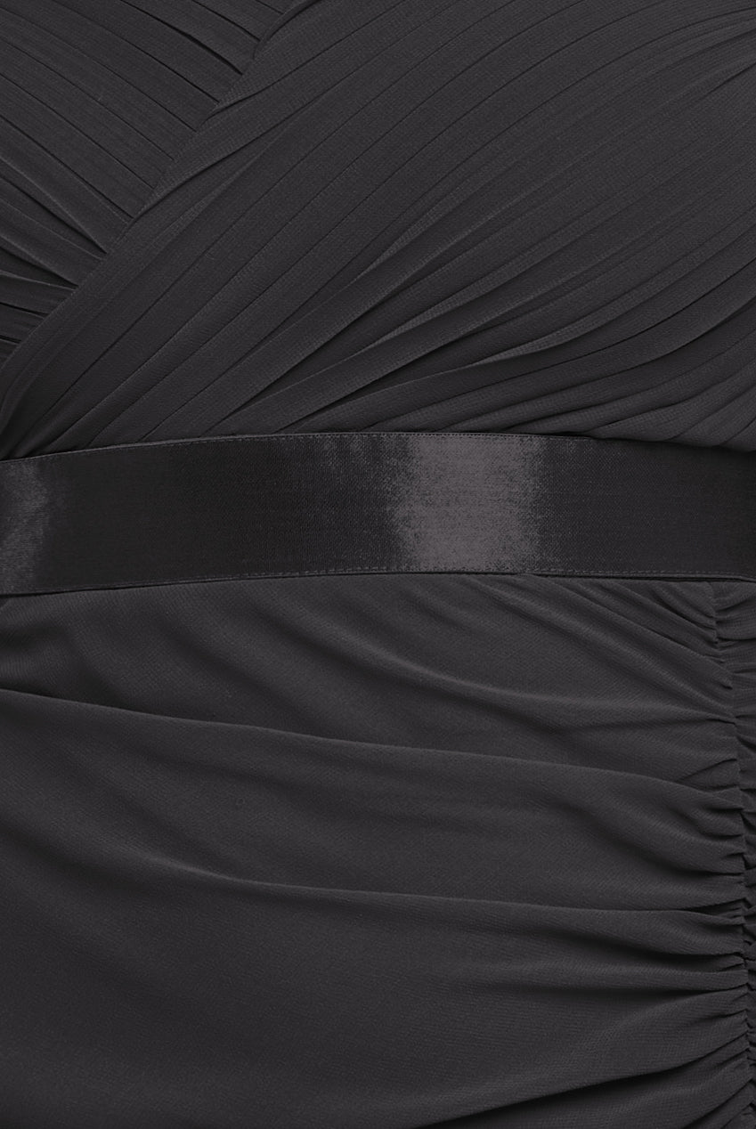 Pleated Bardot High Low Tier Chiffon Midaxi Dress - Black DR4272