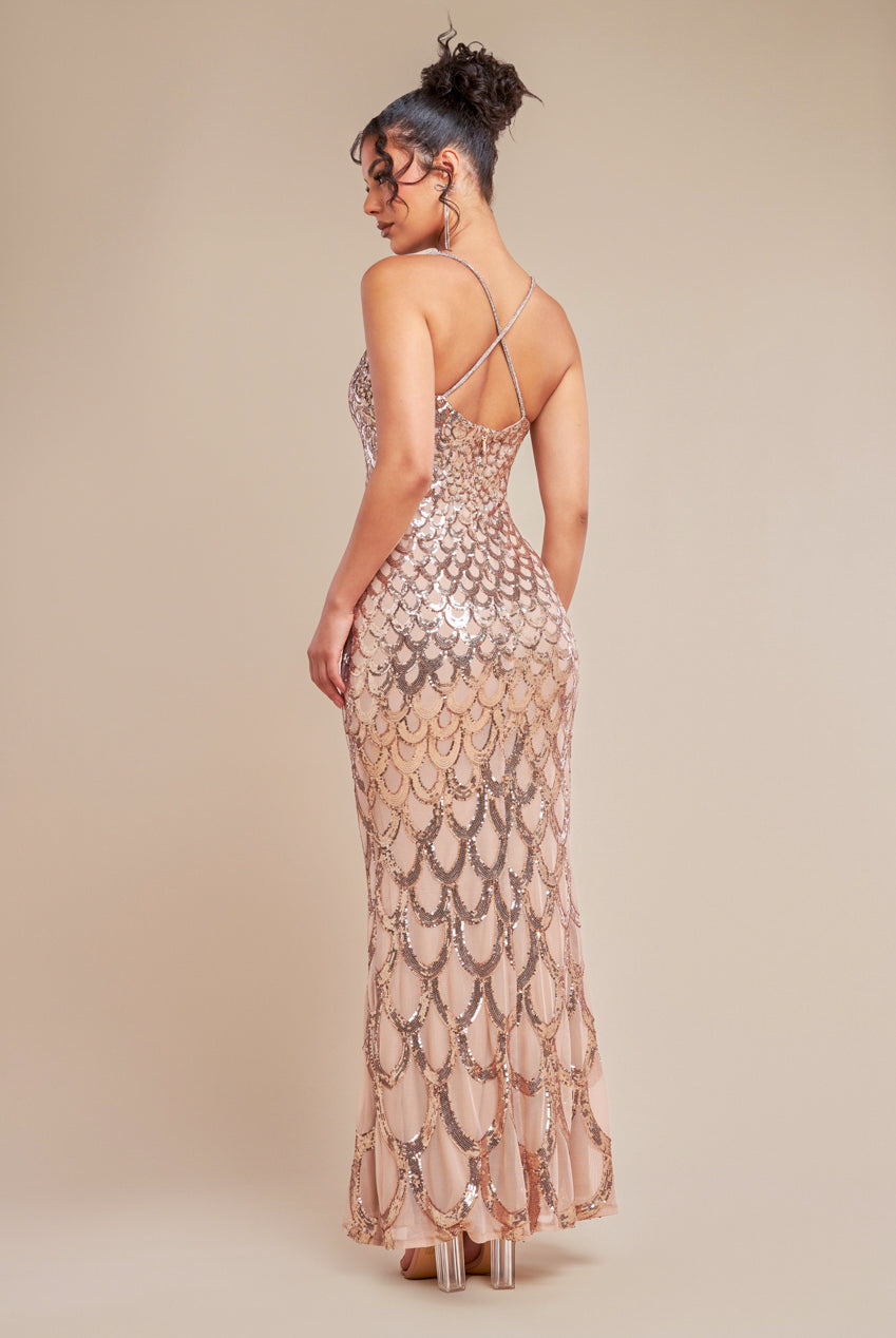 Diamante Strap Fish Scale Sequin Maxi Dress - Champagne DR4276