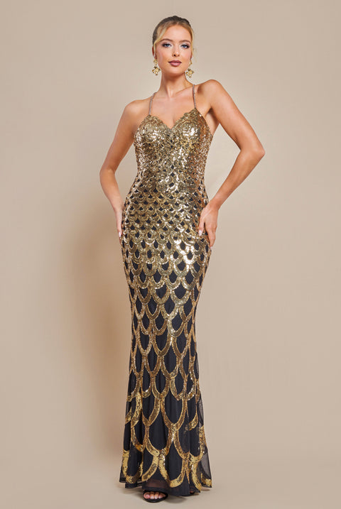 Goddiva Diamante Strap Fish Scale Sequin Maxi Dress - Gold