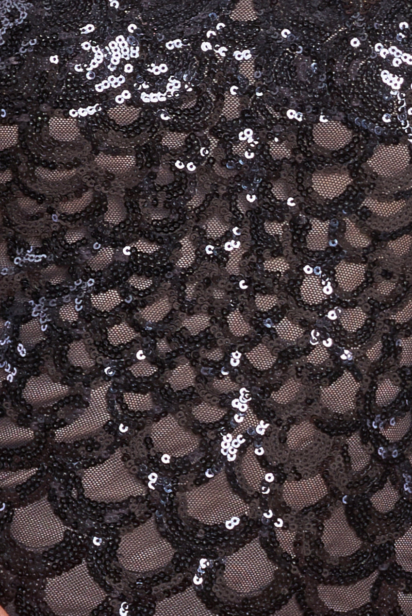 Diamante Strap Fish Scale Sequin Maxi Dress - Black DR4276