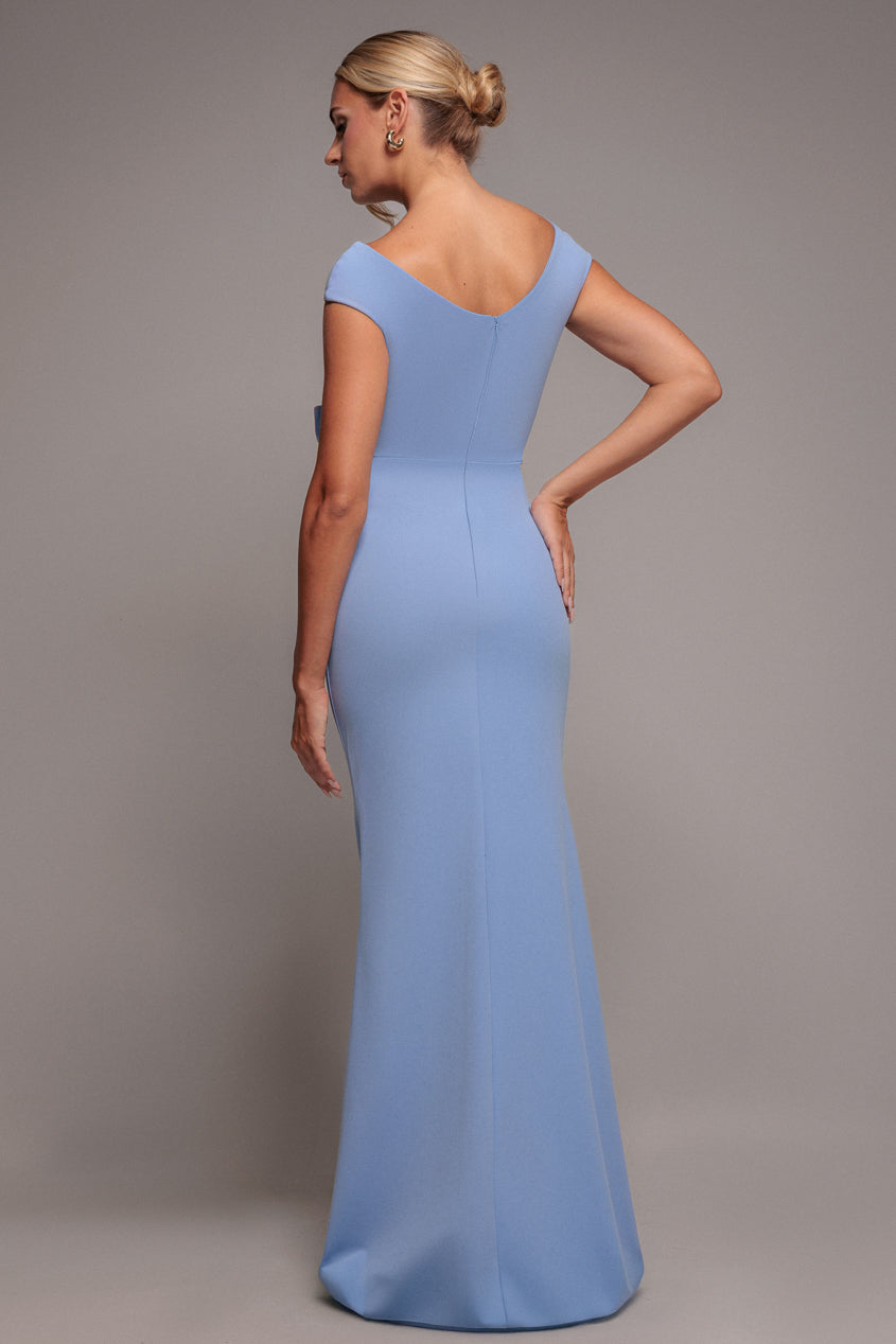Scuba Crepe Rose Frill Maxi Dress - Cornflower Blue | Goddiva Scuba Crepe Rose Frill Maxi Dress - Cornflower Blue | Goddiva