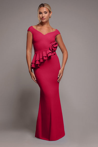 Magenta - Scuba Crepe Rose Frill Maxi Dress - Magenta by Goddiva
