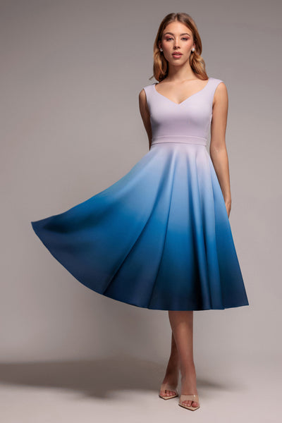 Light Blue - Ombre Scuba Foam Bardot A-Line Midi Dress - Light Blue by Goddiva