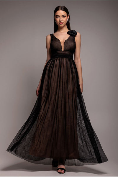 Black - Sleeveless Pleated Dobby Mesh Corsage Maxi Dress - Black by Goddiva