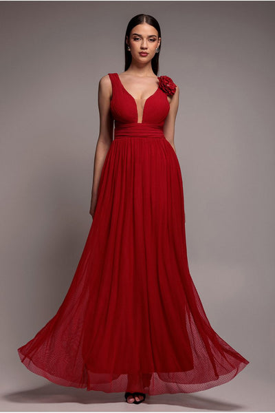 Red - Sleeveless Pleated Dobby Mesh Corsage Maxi Dress - Red by Goddiva