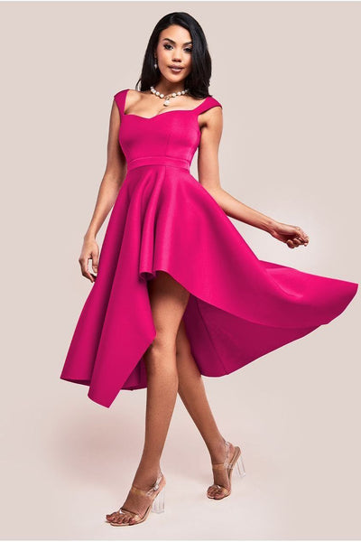 Asymmetric Flared Hem Midi Dress - Magenta | Goddiva Asymmetric Flared Hem Midi Dress - Magenta | Goddiva