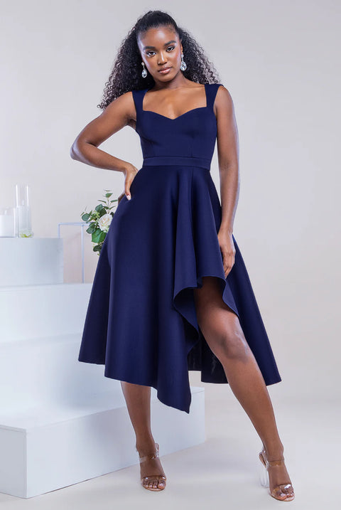 Asymmetric Flared Hem Midi Dress - Navy by Goddiva