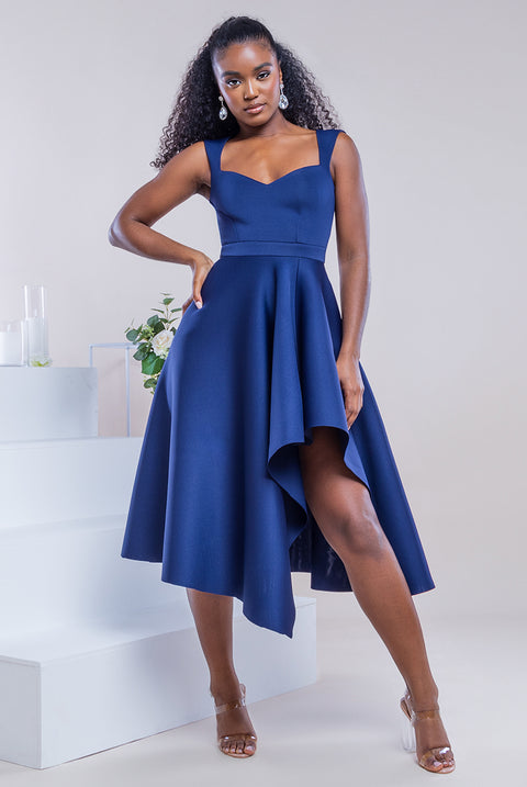 Asymmetric Flared Hem Midi Dress - Navy by Goddiva