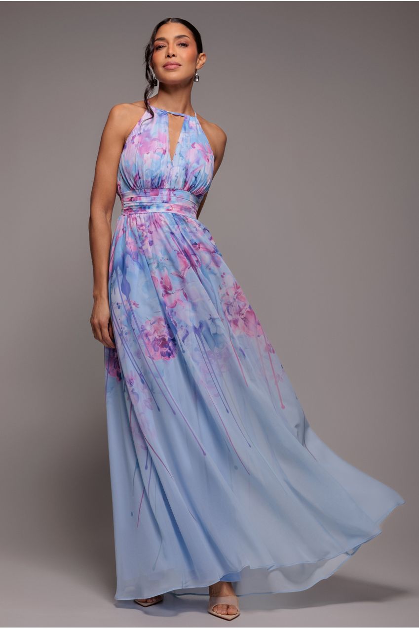 Floral Printed Chiffon Halter Maxi Dress - Blue DR4299