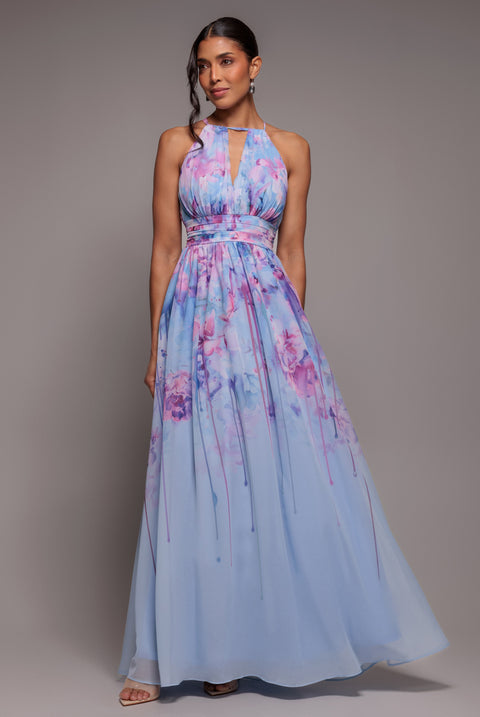 Floral Printed Chiffon Halter Maxi Dress - Blue by Goddiva