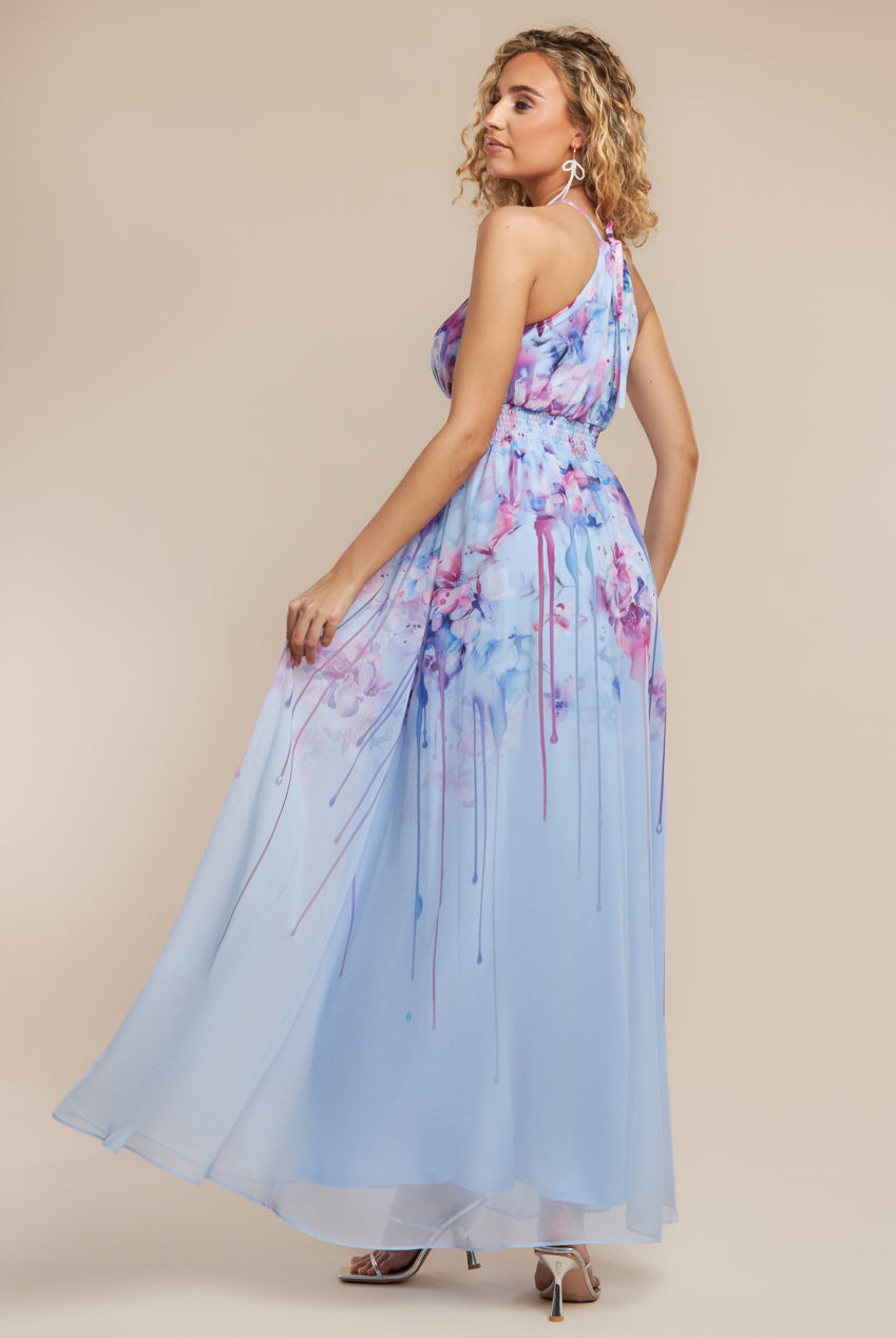 Floral Printed Chiffon Halter Maxi Dress - Blue DR4299