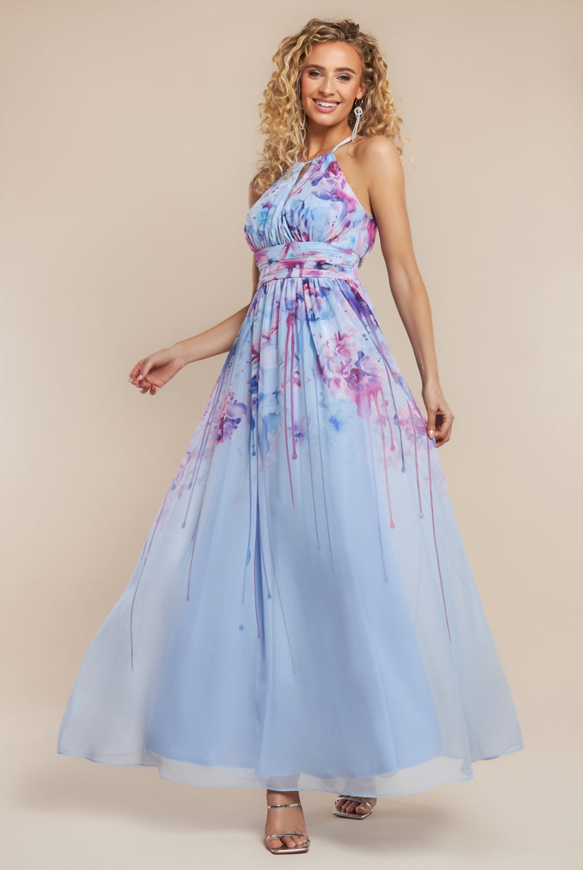 Floral Printed Chiffon Halter Maxi Dress - Blue DR4299