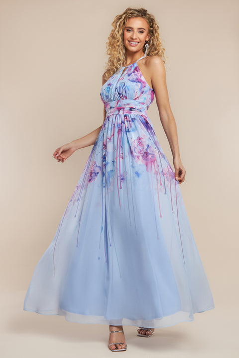 Floral Printed Chiffon Halter Maxi Dress - Blue by Goddiva