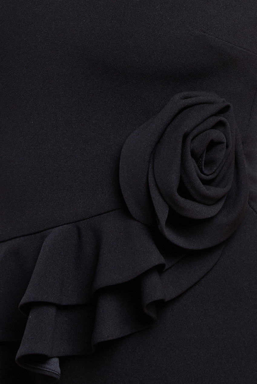 Scuba Crepe Rose Frill Midi Dress - Black DR4300