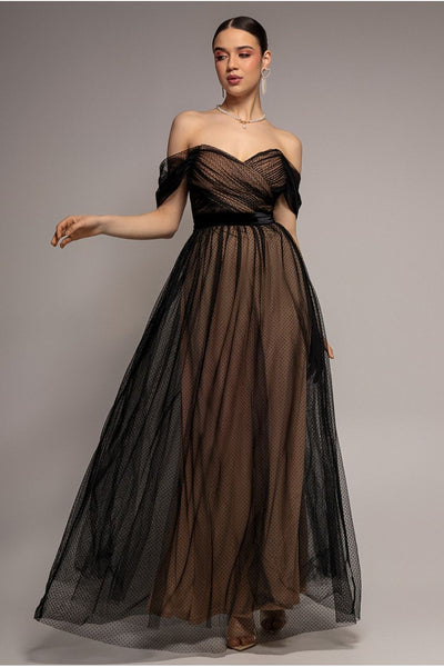 Dobby Mesh Off The Shoulder Princess Maxi Dress - Black by Goddiva