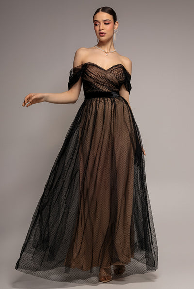 Black - Dobby Mesh Off The Shoulder Princess Maxi Dress - Black by Goddiva