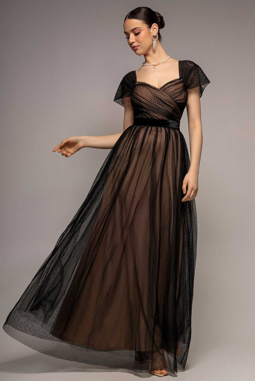 Dobby Mesh Off The Shoulder Princess Maxi Dress - Black DR4308