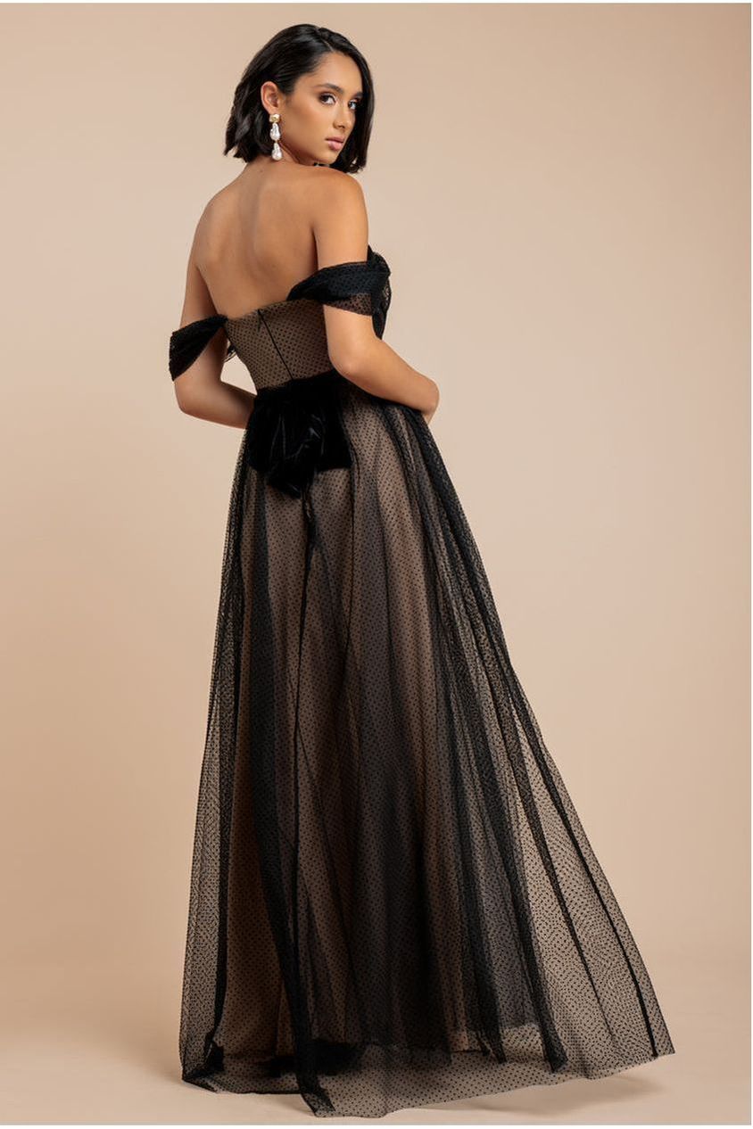Dobby Mesh Off The Shoulder Princess Maxi Dress - Black DR4308