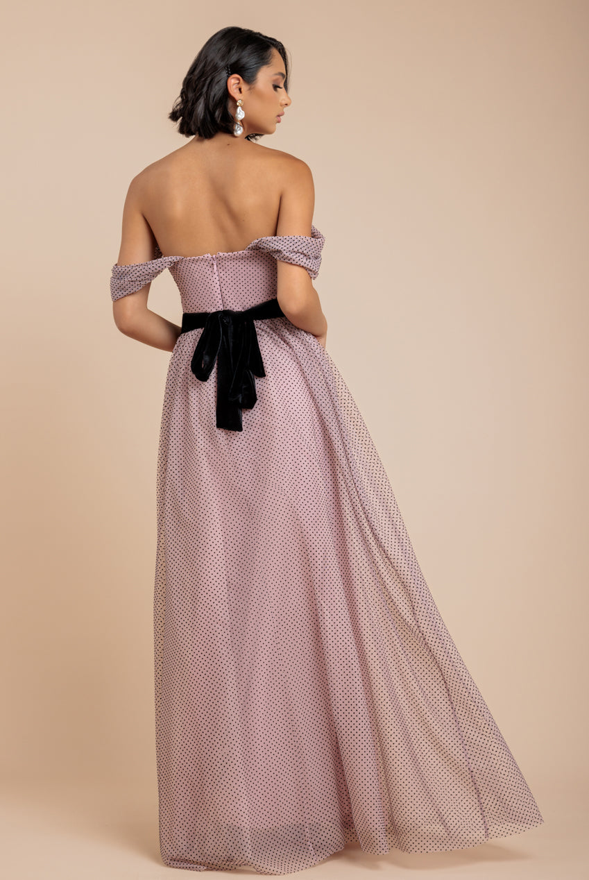 Dobby Mesh Off The Shoulder Princess Maxi Dress - Blush DR4308