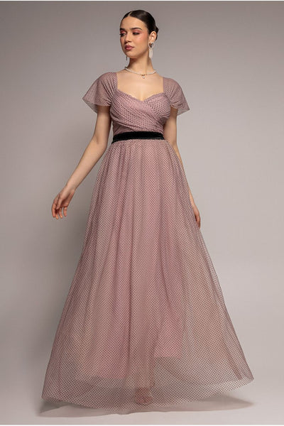 Dobby Mesh Off The Shoulder Princess Maxi Dress - Blush by Goddiva