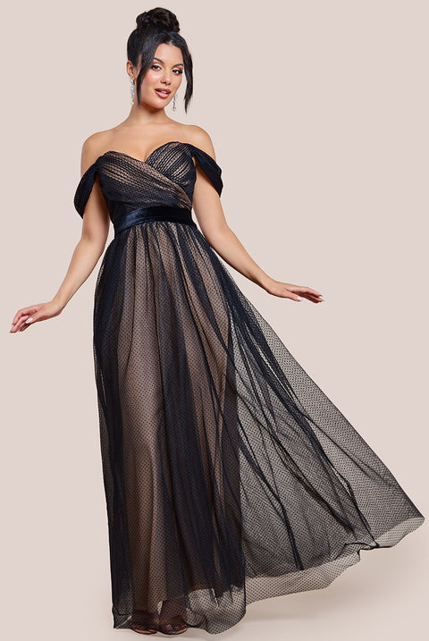 Dobby Mesh Off The Shoulder Princess Maxi Dress - Black DR4308