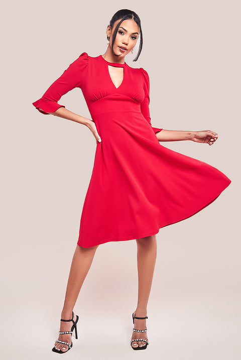 Flared Sleeve Midi Dress - Red DR4312