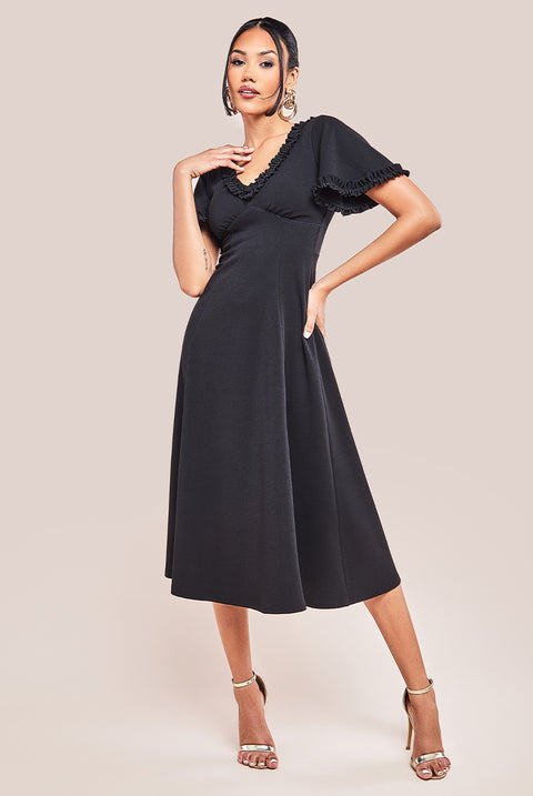 Flare Sleeve Frill Edge Midi Dress - Black DR4313