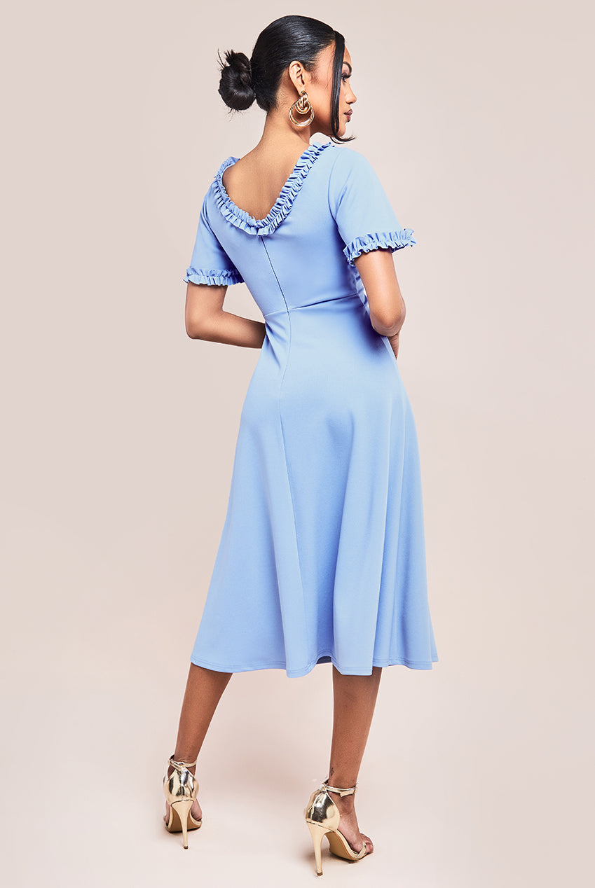 Flare Sleeve Frill Edge Midi Dress - Cornflower Blue DR4313