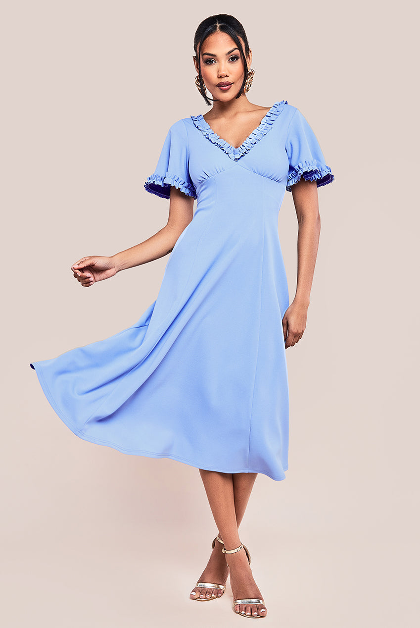 Flare Sleeve Frill Edge Midi Dress - Cornflower Blue DR4313