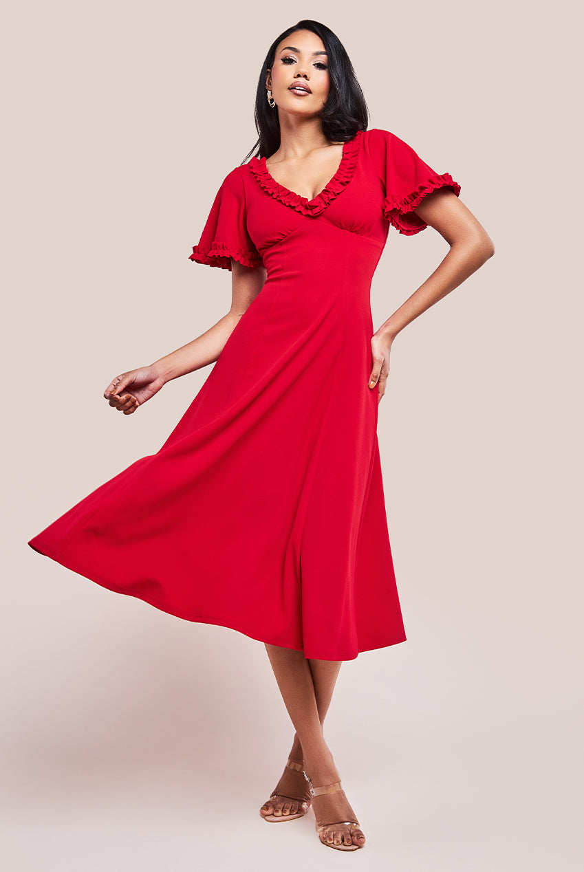 Flare Sleeve Frill Edge Midi Dress - Red DR4313