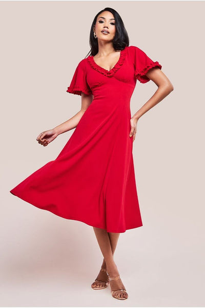 Flare Sleeve Frill Edge Midi Dress - Red by Goddiva