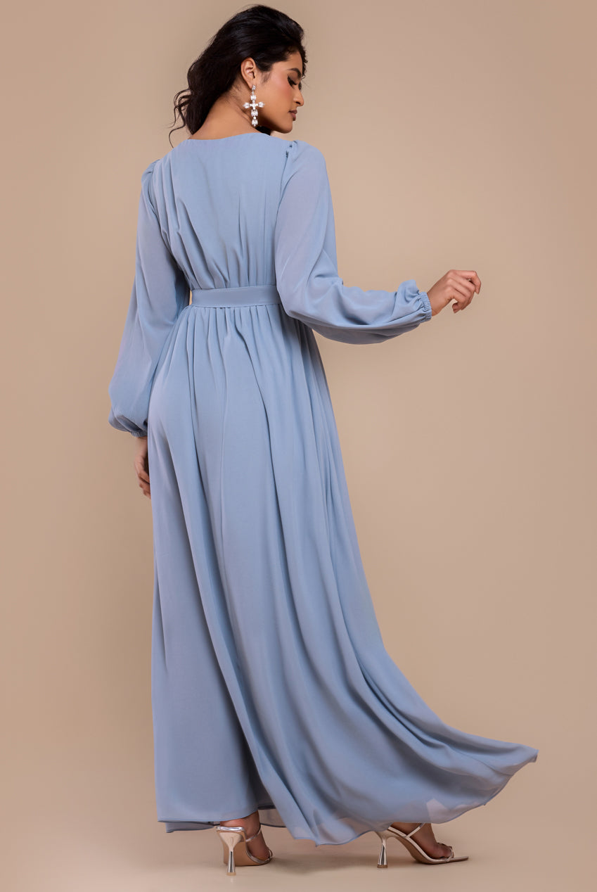 Sustainable Front Split Wrap Style Chiffon Maxi Dress - Airforce Blue DR4314BBS