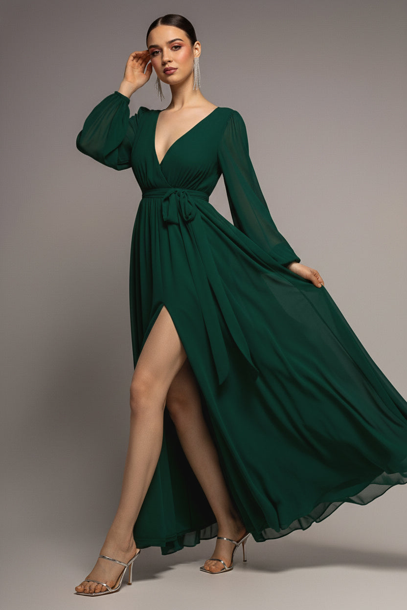 Sustainable Front Split Wrap Style Chiffon Maxi Dress - Dark Green DR4314BBS