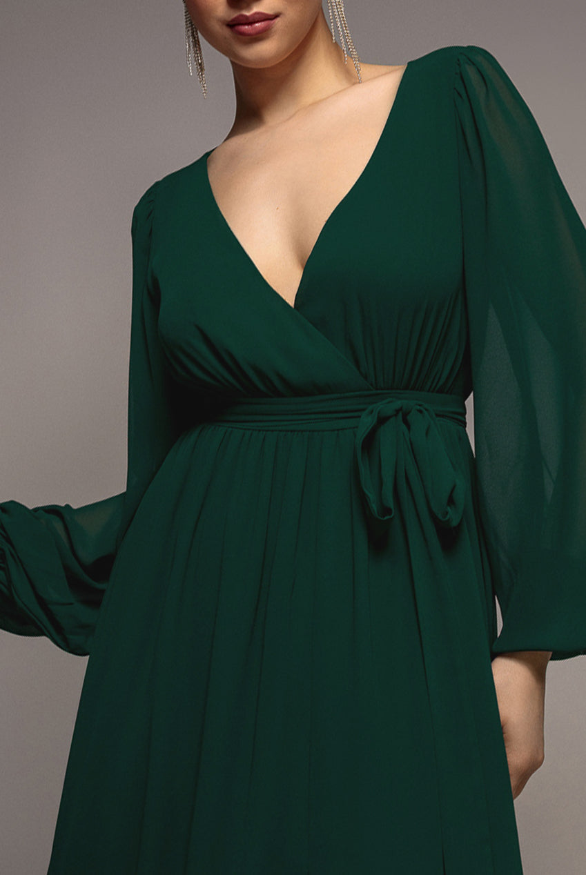 Sustainable Front Split Wrap Style Chiffon Maxi Dress - Dark Green DR4314BBS