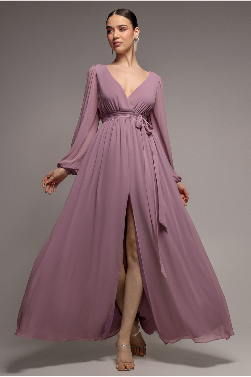 Sustainable Front Split Wrap Style Chiffon Maxi Dress - Dusty Lavender DR4314BBS